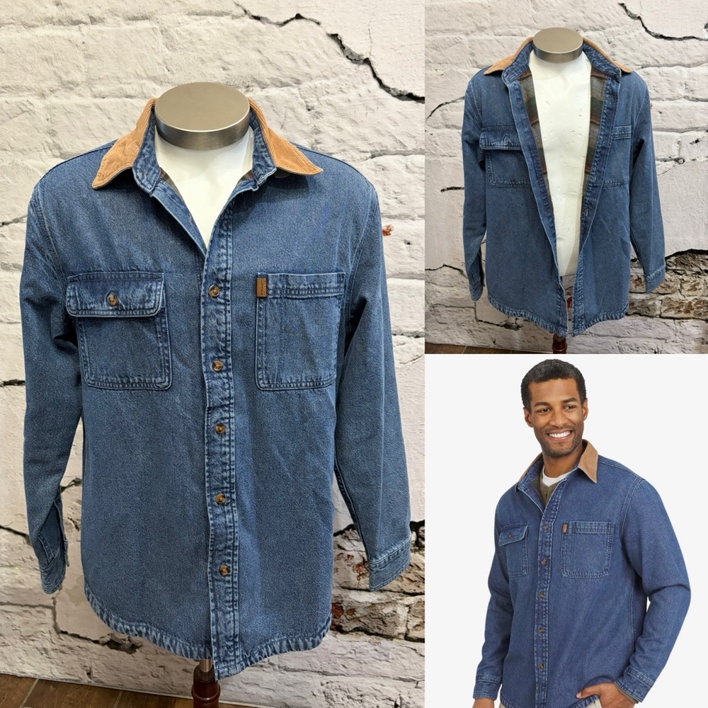 CHAPS Barn Coat Shacket Flannel Lined Denim Shirt Jacket Classic Corduroy Collar